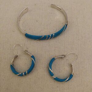 Mexico marked silver plated open cuff bracelet with matching wire earrings.